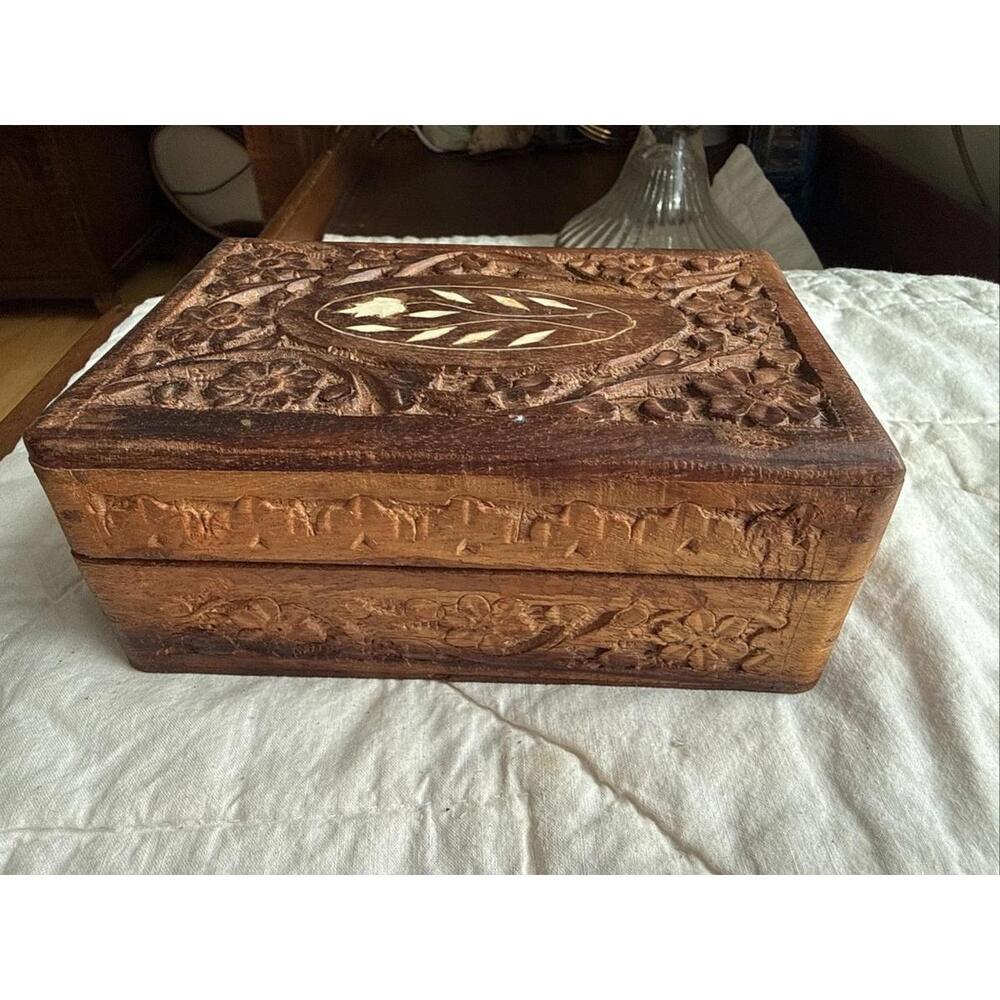 VTG Ornate Wood Hand Carved Trinket Jewelry Box Floral Lot 2 Cottage Shabby Chic - Picture 6 of 8